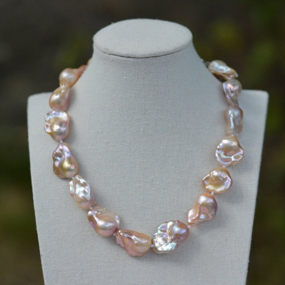 Metallic AAAA Flameball Baroque Pearl Necklace – 17" Sterling Silver